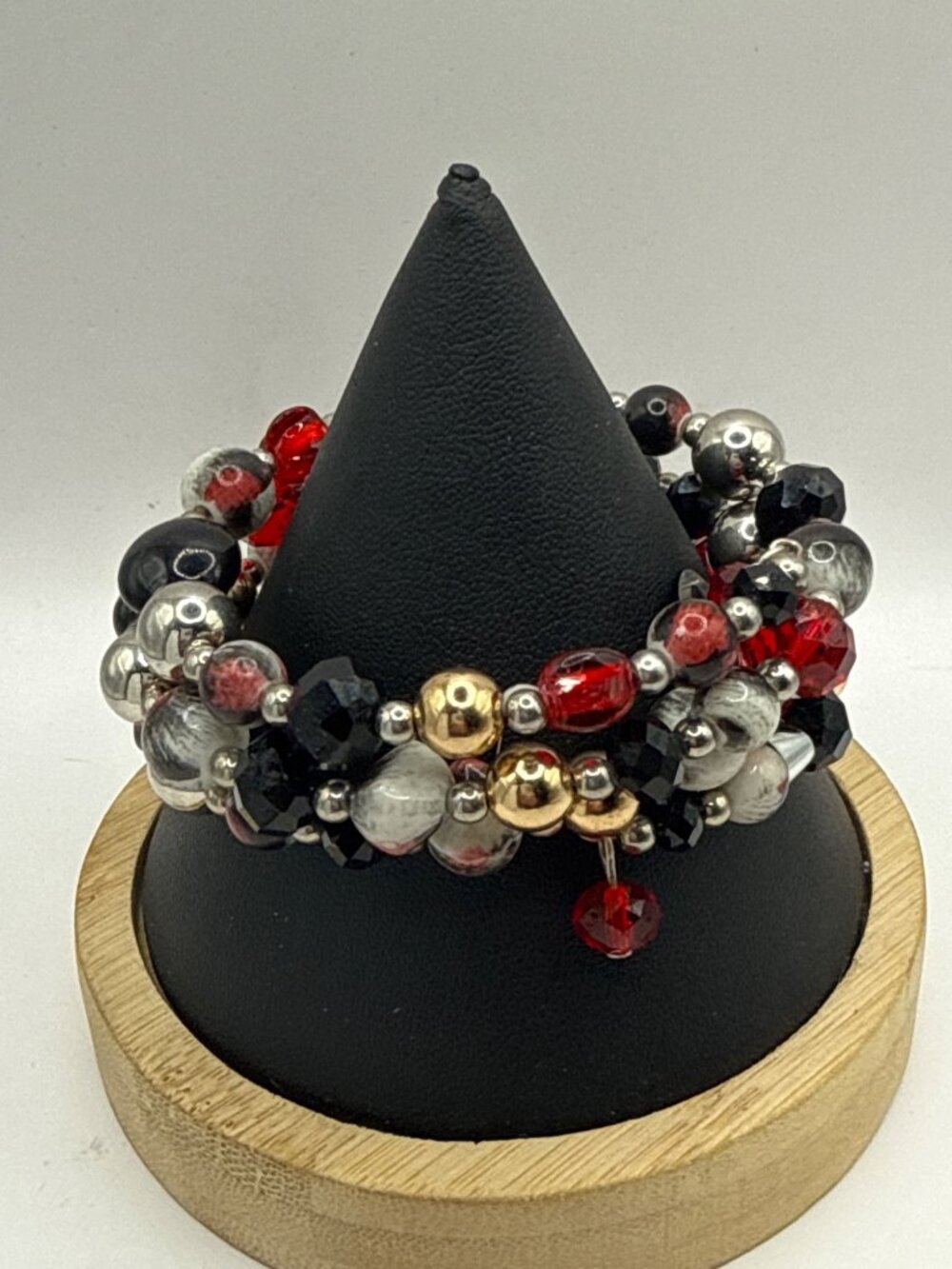 Boho Red Black Glass Beaded Memory Wire Wrap Bracelet Multi Layer Cuff Coiled